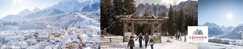 Ski resort winter mountain scenery with snow-covered slopes and cable cars for winter sports and mountain adventures in Dolomites.