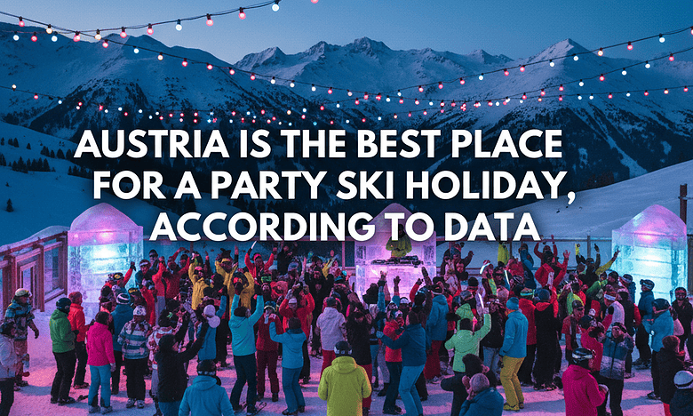 A vibrant outdoor ski holiday scene in Austria with colourful string lights, snow-covered mountains, and a lively crowd enjoying the party atmosphere during a winter ski holiday.