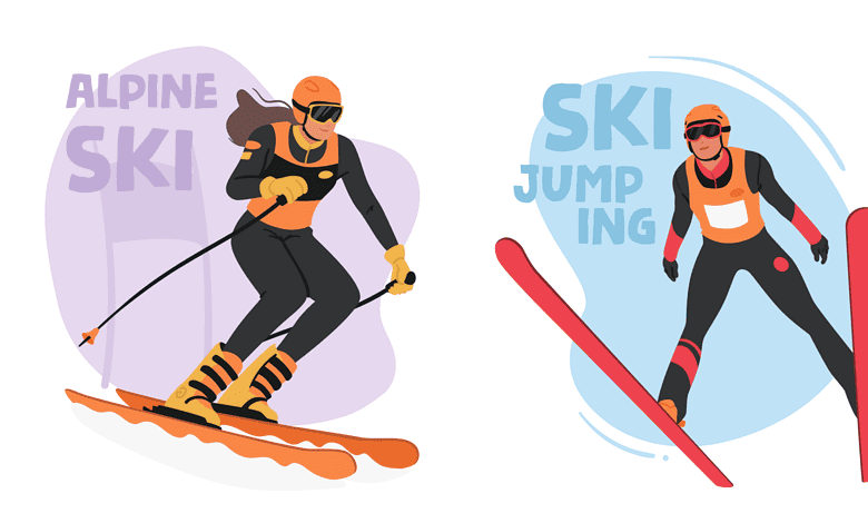 Vibrant illustration of winter sports enthusiasts engaging in alpine skiing, snowboarding, ice curling, and figure skating, capturing the excitement and variety of winter activities for WinterInsight.
