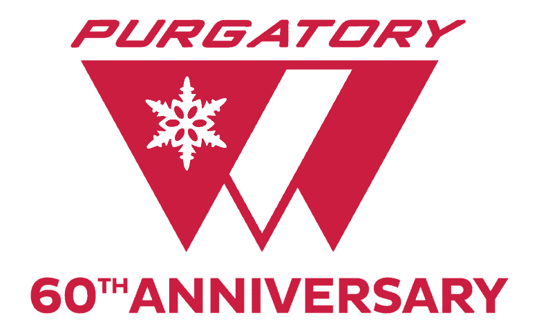 A snowflake and a shield emblem in Purgatory's 60th anniversary logo, celebrating winter sports and winter safety gear.