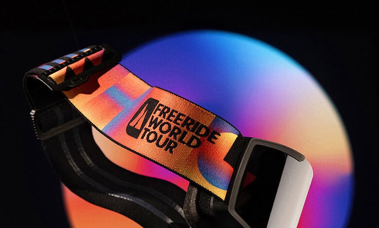 1. High-tech virtual reality headset with "Freeride World Tour" strap against a colourful glowing background.