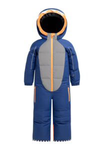 Children's winter snowsuit in blue and grey with orange accents, featuring a hood and insulated design for cold weather.