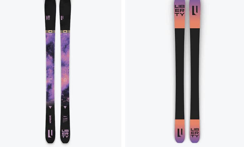 High-performance Liberty skis with colourful galaxy design, perfect for winter sports and skiing enthusiasts seeking innovative equipment for winter adventure.