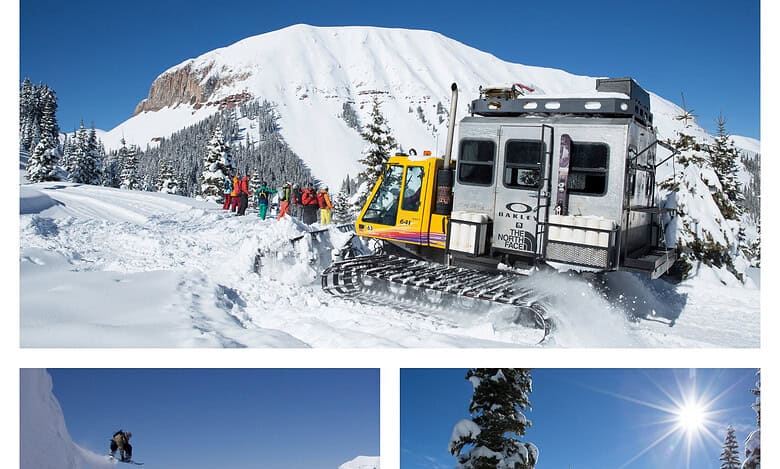 Aerial view of snow-covered mountains with skiers and snowmobile under clear blue sky, showcasing winter adventure activities; perfect content for Everything Winter enthusiasts.