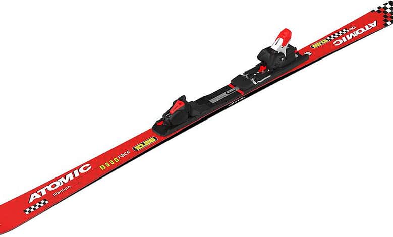 Red Atomic ski with black bindings and checkered tip, designed for winter sports and skiing enthusiasts.