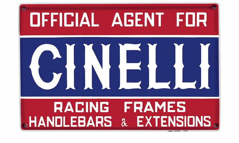 Vintage-style sign indicating official agent for Cinelli racing frames, handlebars, and extensions.