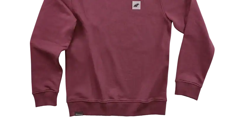 A burgundy sweatshirt with a small logo on the chest, perfect for winter wear and outdoor activities.