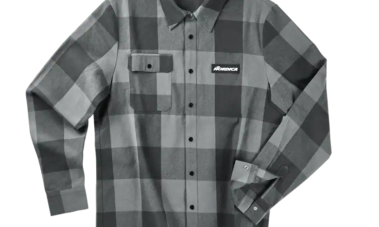 Grey and black checkered men's flannel shirt with button-up front and chest pocket, ideal for winter outdoor activities and casual wear.