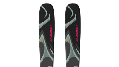 Pair of Salomon snow skis with a black, grey, and pink design, ideal for winter skiing adventures.
