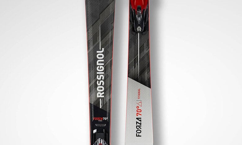 Rossignol Forza 70 skis with bindings, designed for beginner to intermediate skiers, featuring a lightweight construction and durable materials for optimal performance on snow.