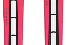 Pair of red skis with black bindings, suitable for winter sports and skiing adventures.