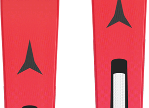 Pair of red skis with black bindings, suitable for winter sports and skiing adventures.