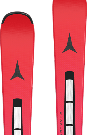 Pair of red skis with black bindings, suitable for winter sports and skiing adventures.