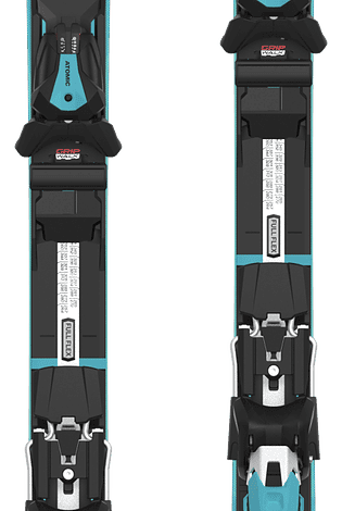 Pair of blue Atomic skis designed for winter skiing, featuring adjustable bindings and a sleek, aerodynamic design for optimal performance on snow.