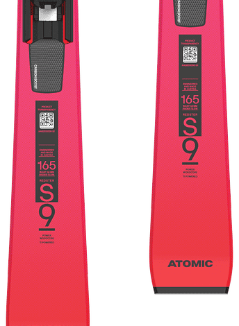 Pair of Atomic Redster S9 FIS skis designed for professional alpine racing, featuring a sleek red and black design with advanced technology for high performance on snow.