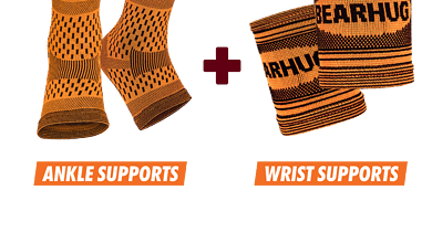 Pair of orange Bearhug ankle supports and two orange wrist supports with black text, set against a black background.