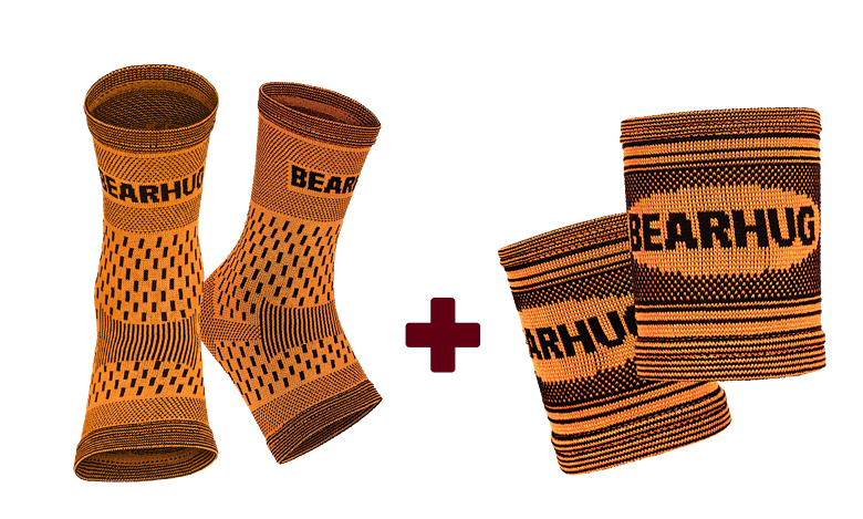Pair of orange Bearhug ankle supports and two orange wrist supports with black text, set against a black background.