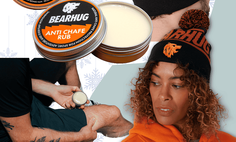 Bearhug Muscle Rub and Anti-Chafe Rub tins with a beanie and winter apparel on a cool, patterned background, showcasing Bearhug skincare for winter athletes.