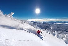 Skier in red gear descending a snowy slope under a bright sun in a winter landscape with clear blue sky and snow-covered trees.