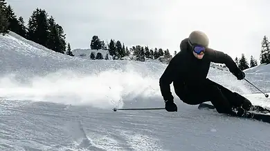 Skier in black gear carving through fresh snow on a sunny winter day with pine trees in the background.
