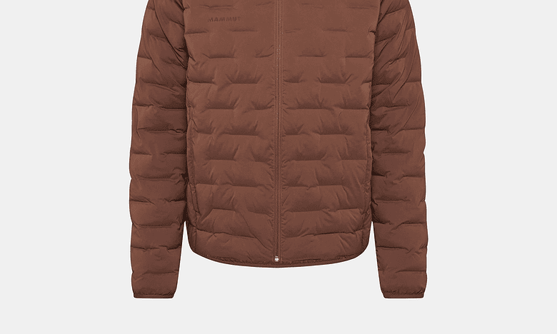 Brown Mammut down puffer jacket with hood, ideal for winter outdoor activities, featuring a front zipper and lightweight insulation.