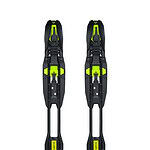 Pair of black and neon green ski bindings designed for winter sports enthusiasts, featuring adjustable straps and durable construction for optimal performance on snow.