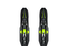 Pair of modern ski bindings with black and neon green accents, designed for winter skiing and snowboarding activities.