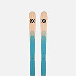 Pair of Volkl skis with blue and beige design, ideal for winter sports and skiing adventures.