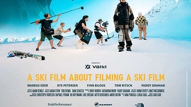 Promotional poster for 'We Can't Not', a ski film about filming a ski film, featuring skiers and snowboarders in a snowy mountain setting with a blue sky.
