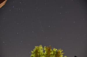 Himmelskörper bei Nacht mit Sternen und Sternschnuppe, unscharfer Baum im Vordergrund.