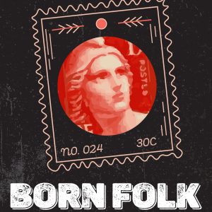 Imagem de um selo postal com uma mulher e inscrição "Born Folk".