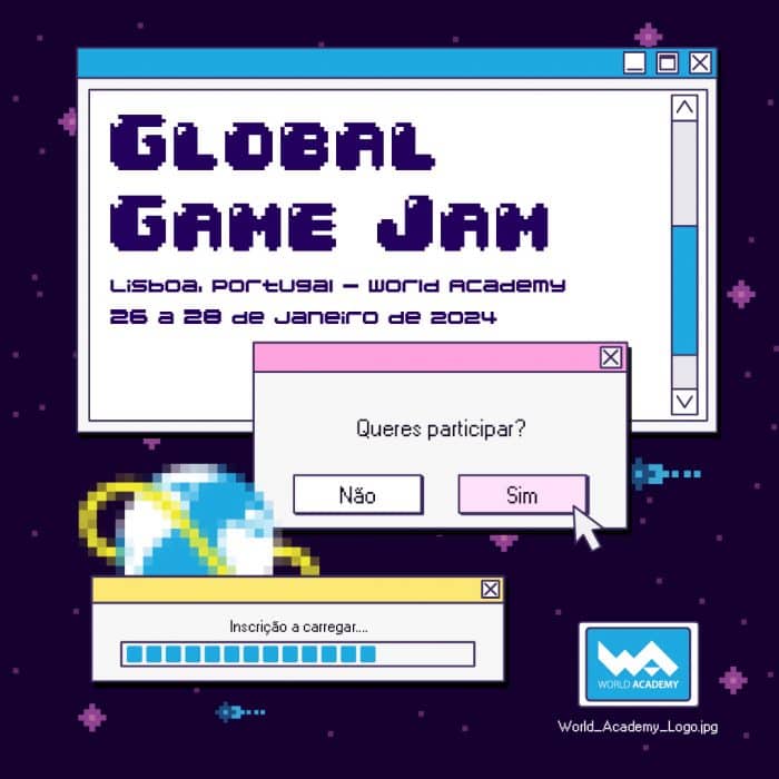 Junte-se ao Global Game Jam na World Academy, Lisboa, de 26 a 28 de janeiro de 2024. Participe nesta inovadora experiência de programação de jogos.