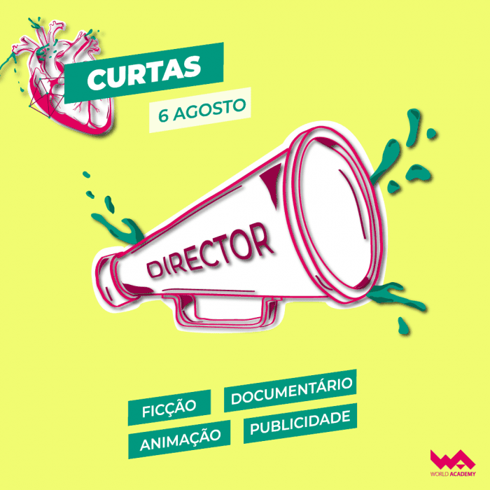Megafone com "DIRETOR" em destaque, fundo amarelado, promovendo eventos e conteúdos audiovisuais.