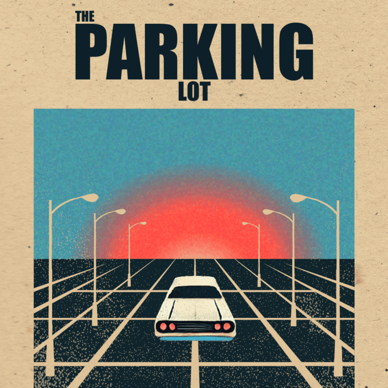 Imagem de estacionamento com carros e postes de luz sob um pôr do sol vibrante.