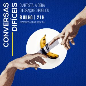 Imagem de mãos trocando uma banana com uma chave na extremidade, simbolizando troca de ideias e criatividade.