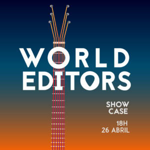 Imagem de uma guitarra transformada em antena com o logo "World Editors" em destaque.