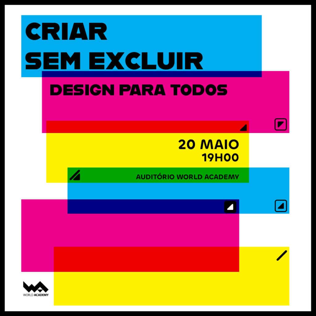 Imagem de cartaz colorido promovendo evento de design, com data, hora e local em português.