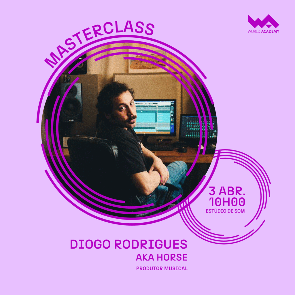 Sessão de produção musical com Diogo Rodrigues (AKA Horse) no estúdio de som da World Academy.