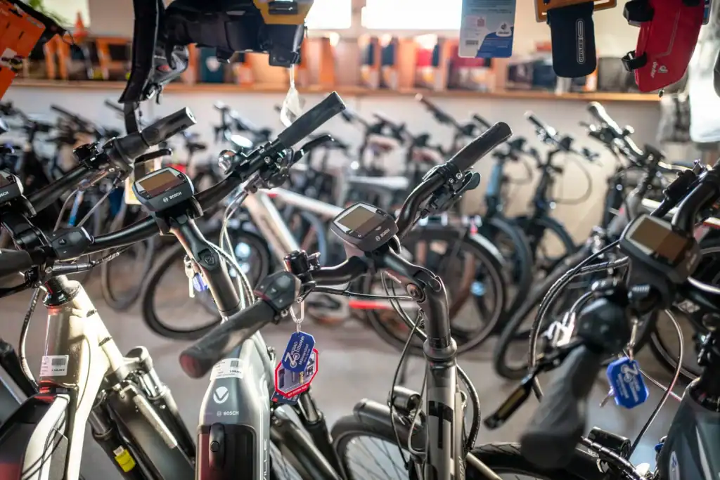 Verschiedene E-Bikes und Fahrräder im Zweirad Zitzmann Geschäft in Möhrendorf.