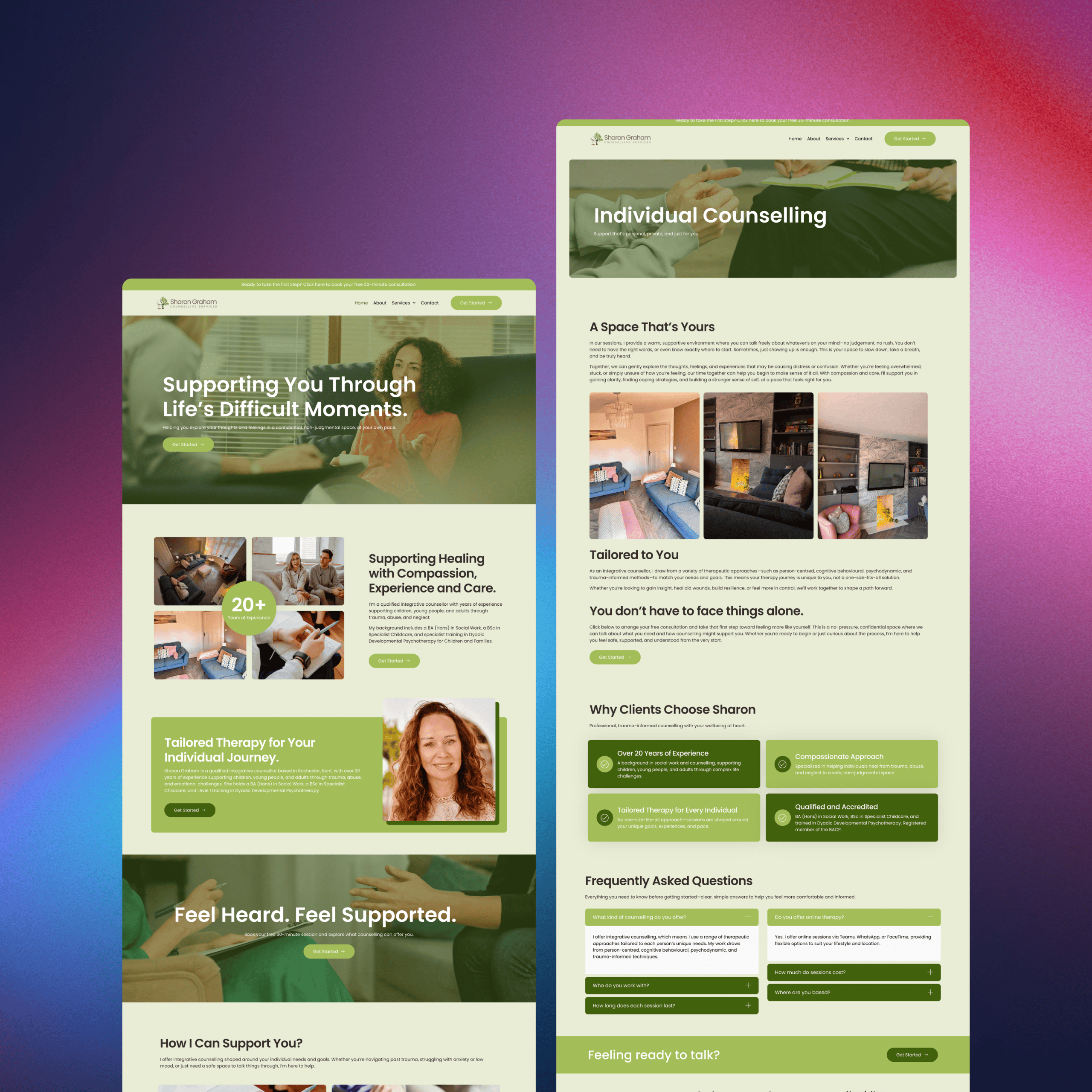 Zenif Studio website homepage showcasing individual counselling services in a calming green theme.
