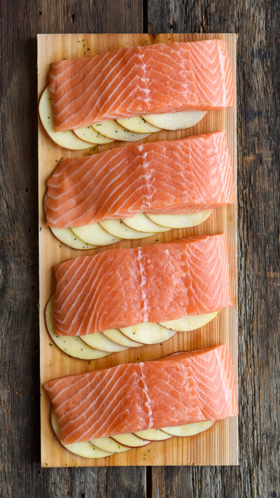 This shows how salmon should be placed on the cedar planked salmon dish.