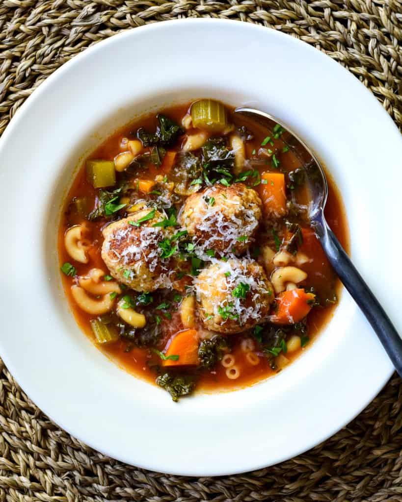 A bowl of meatball soup.