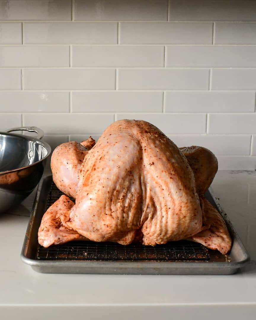 A turkey with dry rub on a rack and about to go in the fridge.
