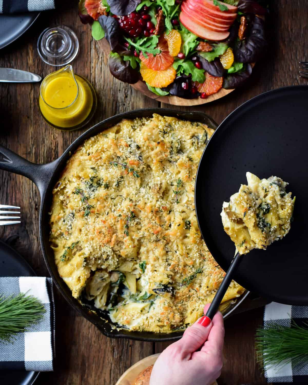 Creamy Cauliflower and spinach Pasta Bake served with a winter citrus salad.