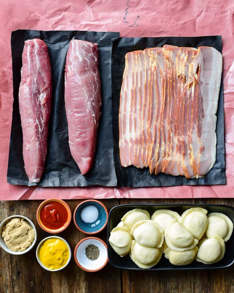 5-Ingredient laid out for a pork recipe with perogies.