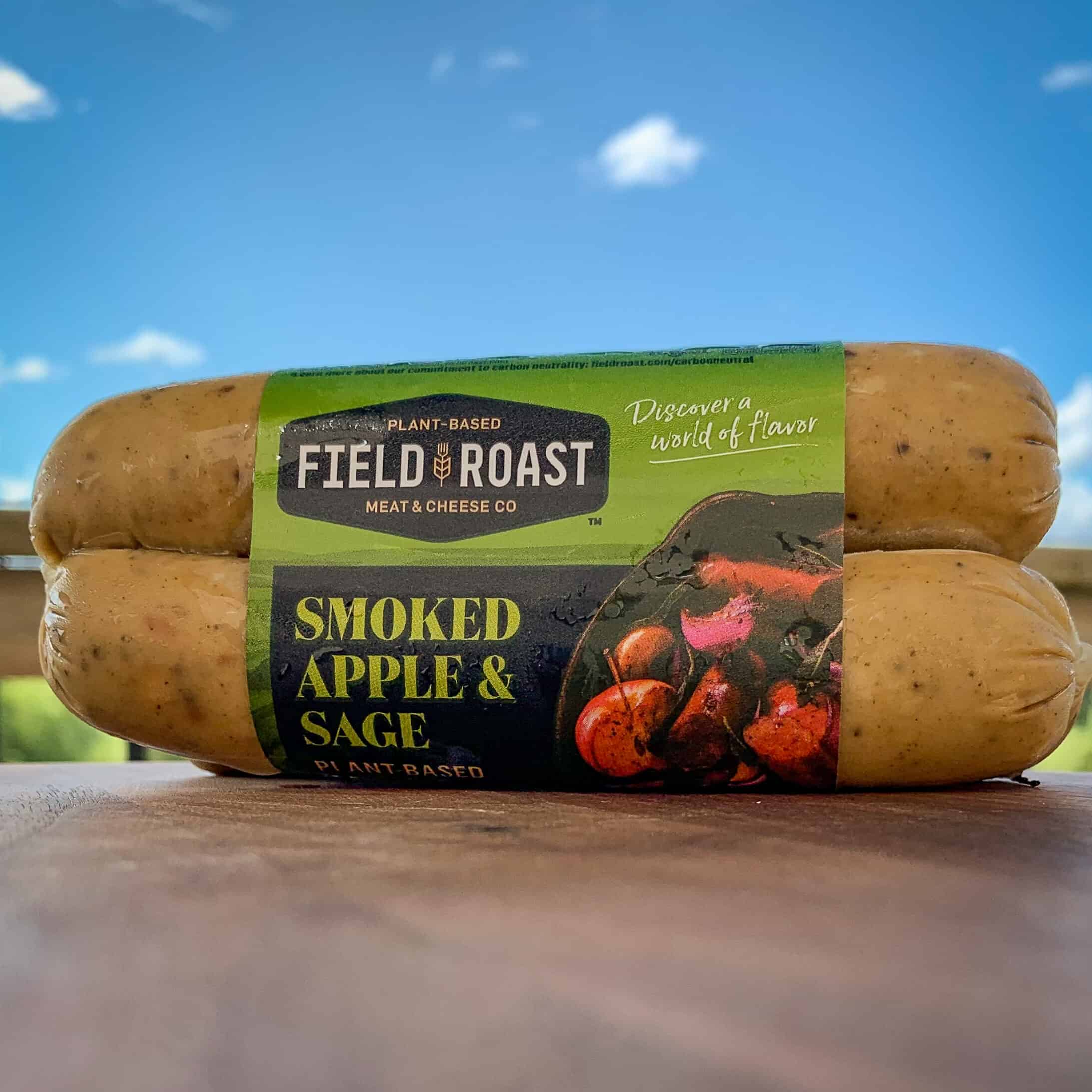 A close up image of a package of Field Roast Smoked apple and sage sausage.