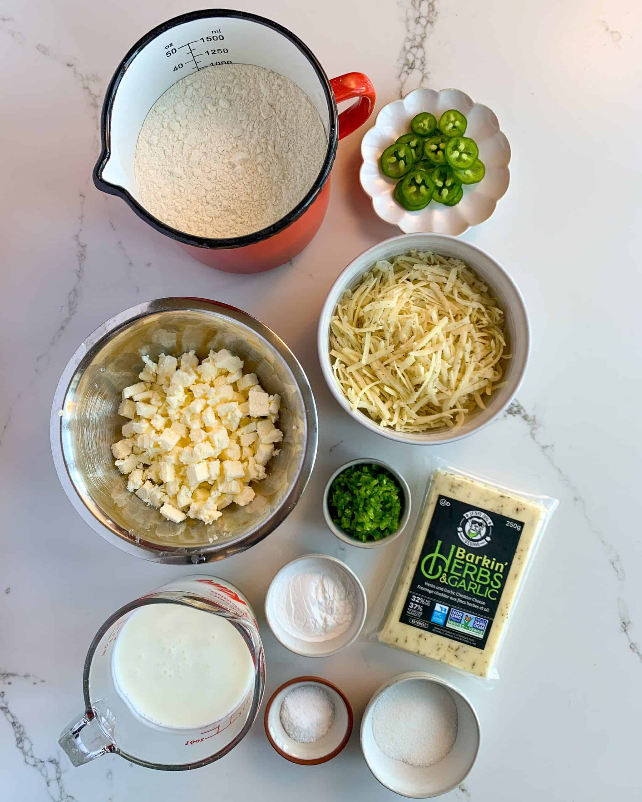 An image of the ingredients to make Herbs & Garlic Cheese Jalapeño Biscuits