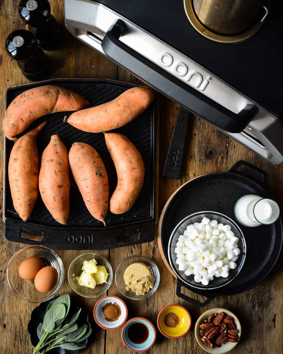 Sweet Potato Casserole Ingredients layed out beside the Ooni Karu 16