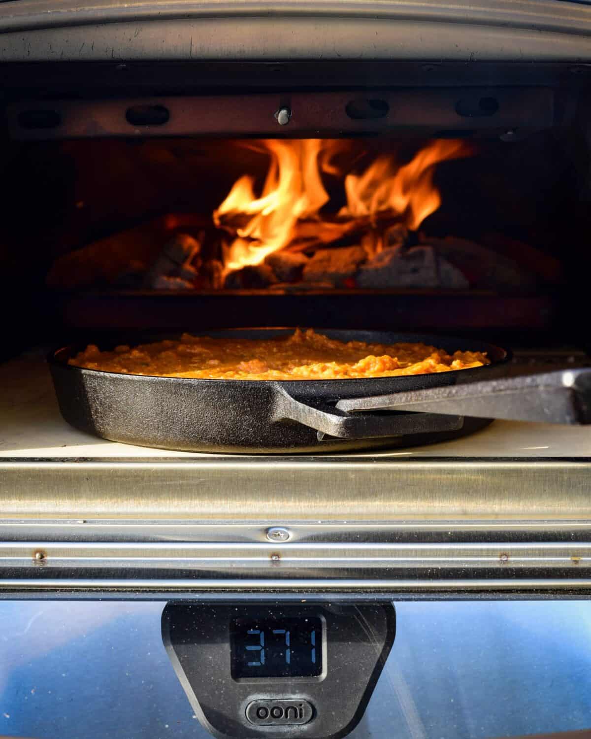 Sweet Potato skillet in a flaming wood oven.