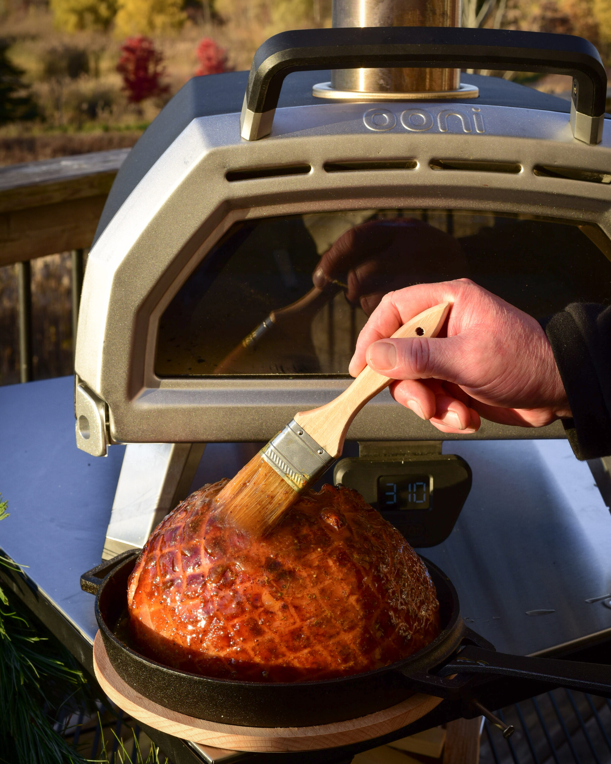 An image of brushing the ham with glaze, outside of the oven.